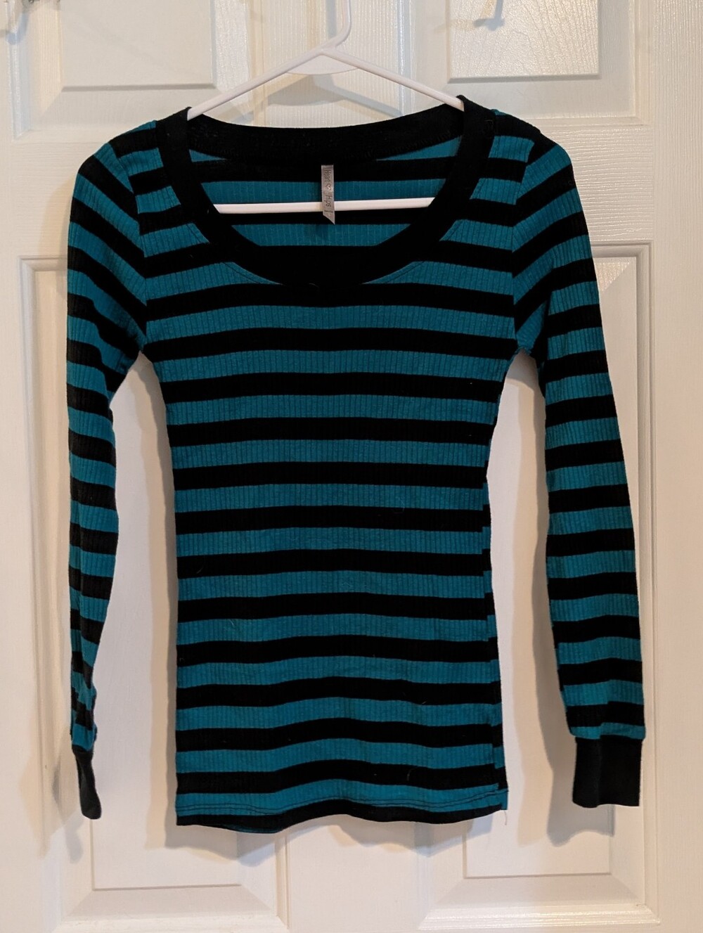 Heart & Hips Black and Teal Striped Ribbed Long Sleeve Scoop Top